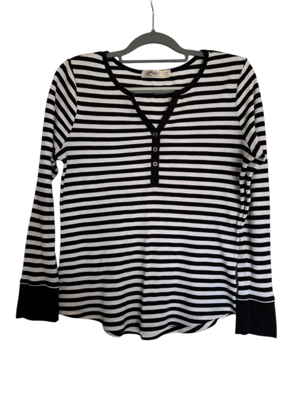 Faded Glory Black & White Striped Henley Long Sleeve Top Thermal Size L